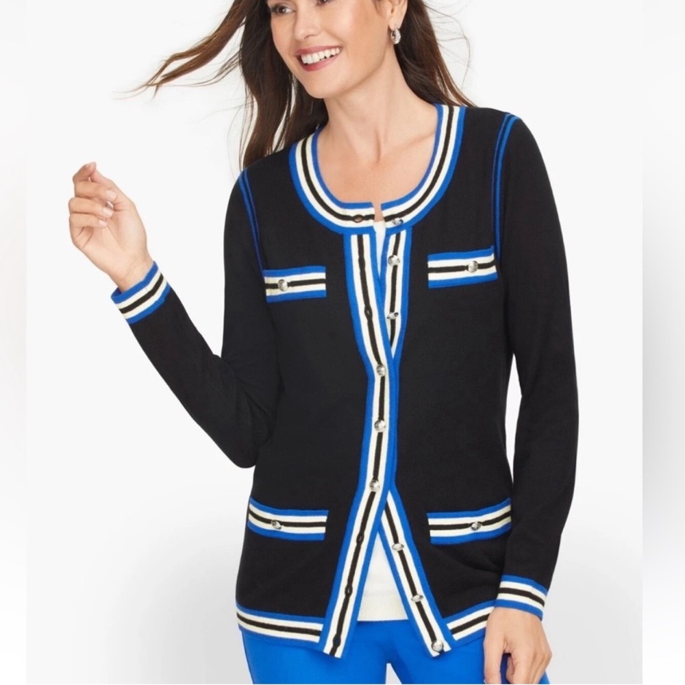 Talbots Tipped Cardigan with Blue and White Trim